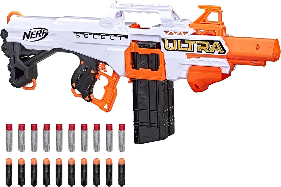 NERF Ultra Select Fully Motorized Blaster, Fire for Distance or Accuracy, Includes Clips and Darts, Outdoor Games and Toys, Automatic Electric Full Auto Toy Foam Blasters
