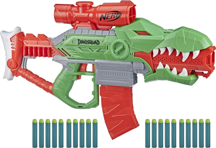 Nerf DinoSquad Rex-Rampage Motorized Dart Blaster, 10-Dart Clip, 20 Nerf Darts, 10-Dart Storage- T-Rex Dinosaur Design