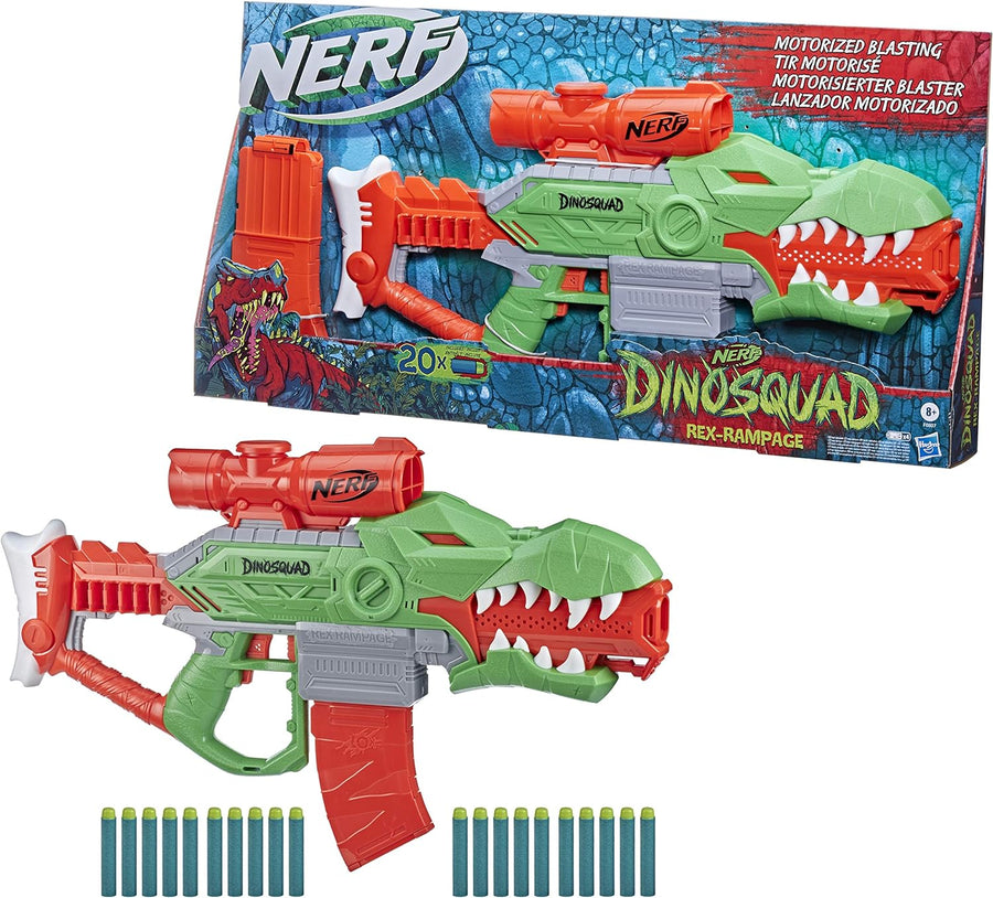 Nerf DinoSquad Rex-Rampage Motorized Dart Blaster, 10-Dart Clip, 20 Nerf Darts, 10-Dart Storage- T-Rex Dinosaur Design