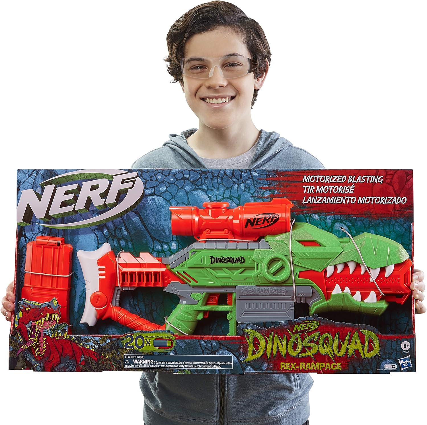 Nerf DinoSquad Rex-Rampage Motorized Dart Blaster, 10-Dart Clip, 20 Nerf Darts, 10-Dart Storage- T-Rex Dinosaur Design